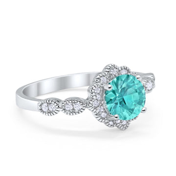 Halo Floral Art Deco Engagement Ring Simulated Paraiba Tourmaline CZ 925 Sterling Silver